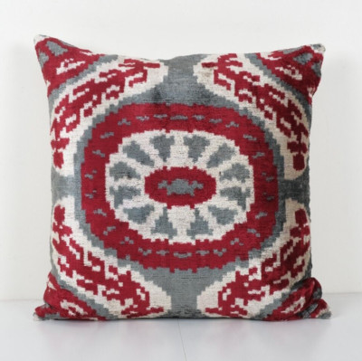 Silk Ikat Velvet Pillow Cover, Square Granite Gray Uzbek Velvet Cushion Case