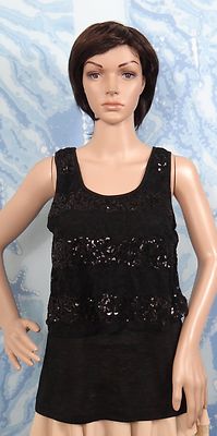 DEB sleeveless black sequin top two layer with floral lace top, size JUNIOR XL