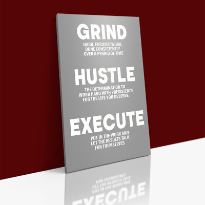 HUSTLE GRIND EXECUTE Motivational Definition LEINWAND Wandbild Kunstdruck GERAHMT