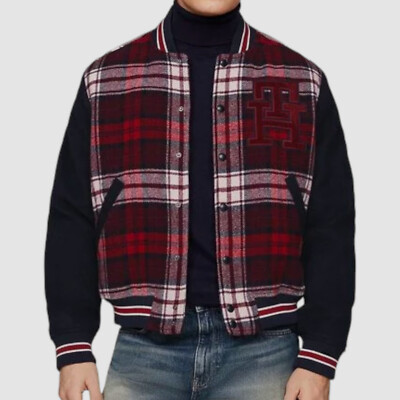 Tommy Hilfiger Men Blue Red Tartan Monogram Logo Wool Varsity Bomber Jacket Sz L