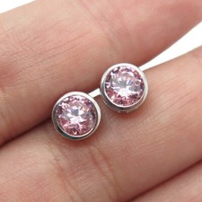 925 Sterling Silver Round-Cut Pink C Z Stud Earrings