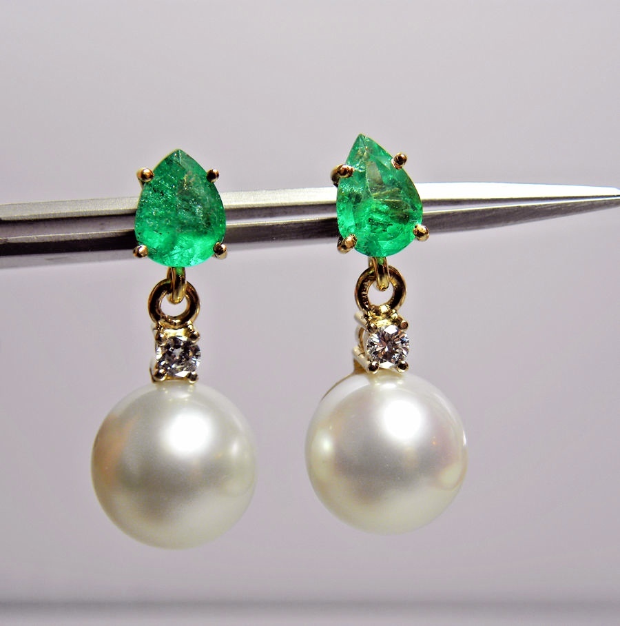 Colombian Emerald Diamond Pearl Drop Earrings 18K Gold