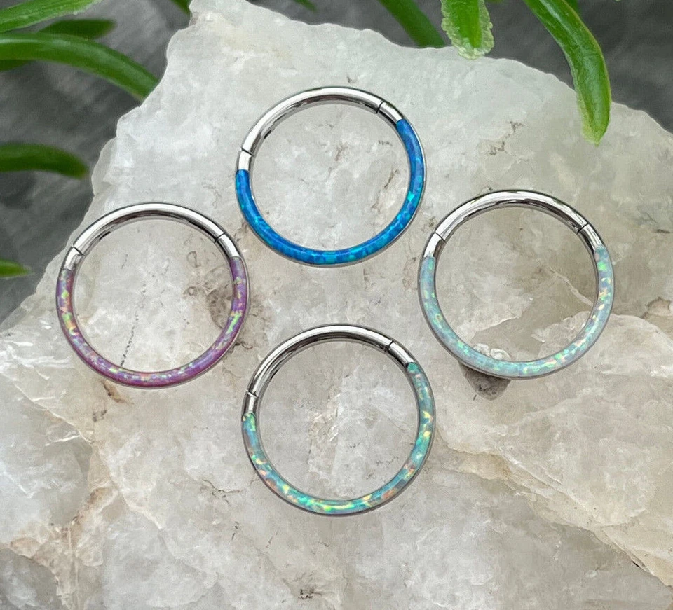 1pc Opal Front Edge Hinged Segment Ring Septum Clicker Steel Daith Hoop Jewelry - Image 2 of 4