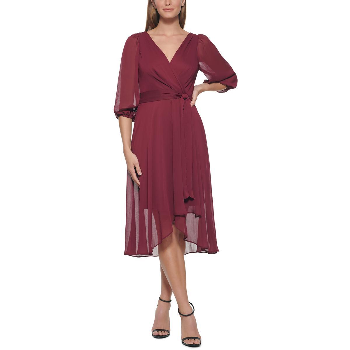 Женское красное прозрачное миди-платье DKNY с расклешенным рукавом до локтя 16 BHFO 1238