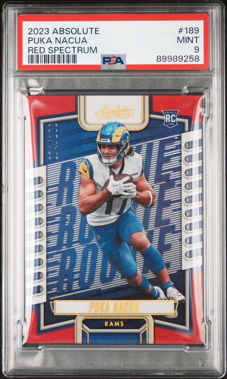 2023 PANINI ABSOLUTE #189 PUKA NACUA RED SPECTRUM 74/100 Rookie PSA 9 MINT