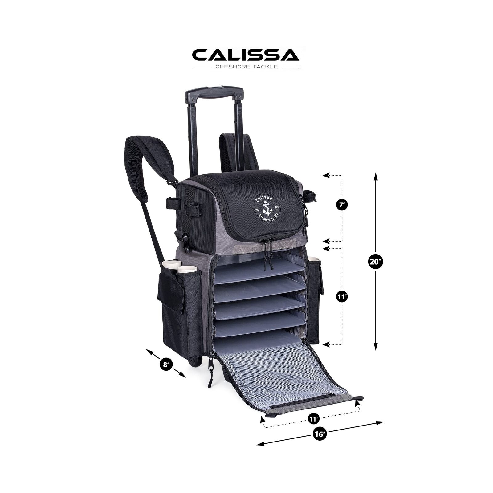 Calissa Offshore Rolling Tackle Box with Wheels, Waterproof Fishing Backpack