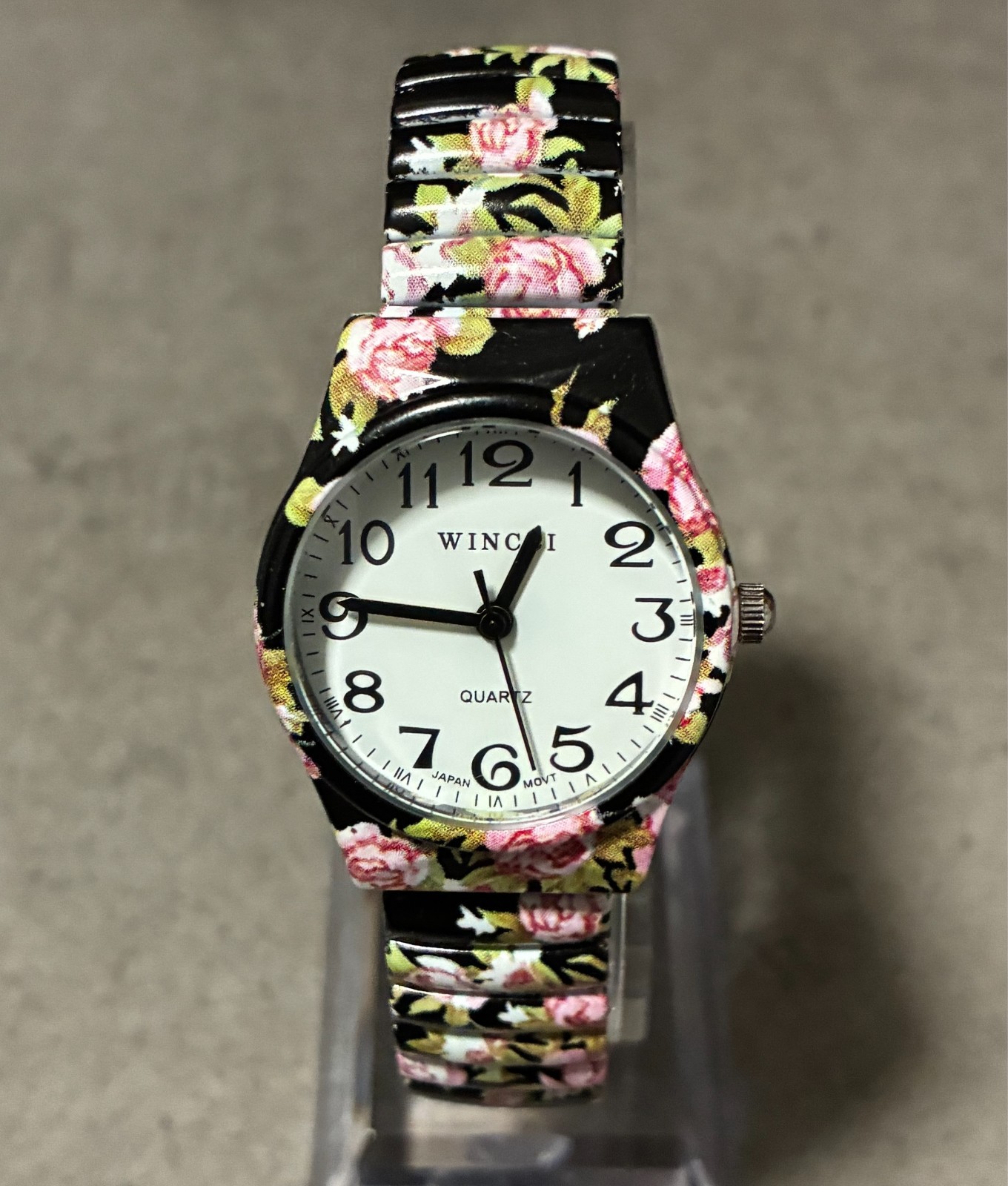 Wincci New Black Pink Floral Quartz Watch 27mm 7" Expansion Bracelet Working