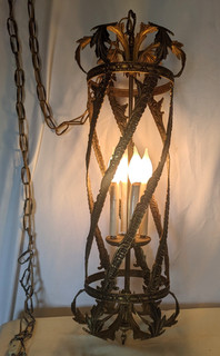 Vintage 30" Long Hollywood Regency Style Antique Brass 4 Light Swag Lamp