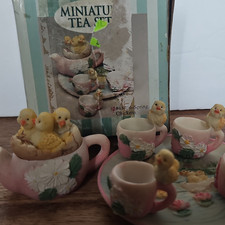 Miniature Pink Floral Tea Set w/ Chick Figures Teapot Cups Saucers Plate Box