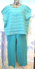 NEW FLAX S 2 PC Pant Set W/Boxy Top In Green And White