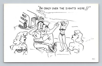 Vintage Risque Comic Postcard I'm Crazy Over the Sights Here Pinup Bikini Art