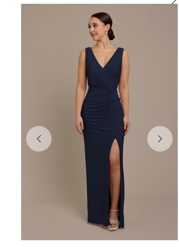 Davids Bridal Marine Ruched V-Neck Sleeveless Slit Jersey Long Formal Gown 8 NWT