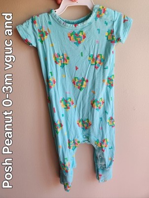 Posh Peanut Pixel Hearts light blue short sleeve bamboo romper 0-3m