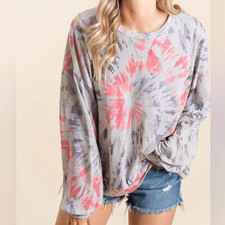 BiBi Tie Dye Print Terry Pull Over Women's Tie-Dye Long Sleeve Top sz Large