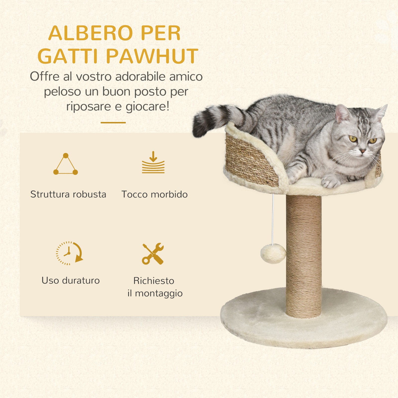 Albero Tiragraffi Per Gatti Con Lettino, Palo In Juta E Pallina Appesa, 40x40x49 foto 4