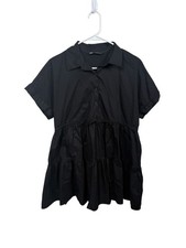 Zara Babydoll Shirt Dress XS Black Mini Tiered Drawstring Short Sleeve Cotton