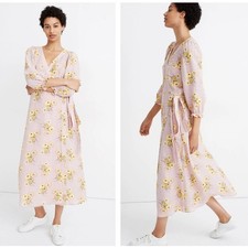 MADEWELL Linen-Blend Ruffle-Cuff Wrap Dress in Dutch Dandelions Sz XS {K7}