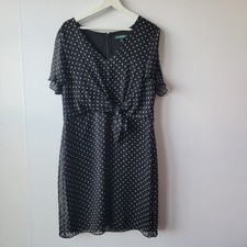 Lauren Ralph Lauren Womens Polka Dot Tie front Dress sz 16 Flutter Sleele v-neck