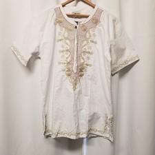 Vintage African Dashiki Tunic White Gold Embroidered Short Sleeve Shirt Sm/Md