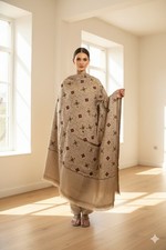 Sanskriti Vintage Long Stole Hand Embroidered Woolen Shawl Brown Throw Scarf