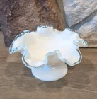 Vtg Fenton Milk Glass Aqua Blue Pedestal Compote Candy Dish, Ruffled Dbl Crimped