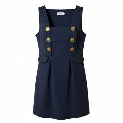 Dahlia Women Pinafore Dress S Navy Gold Crest Button Preppy Mod Dark Academia