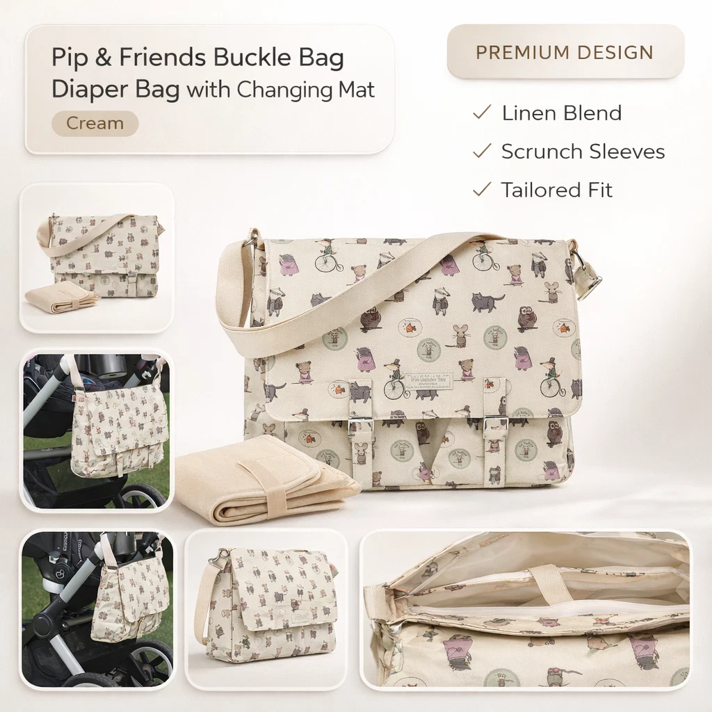 Pip & Friends Buckle Diaper Bag with Changing Mat – Cream, Baby Bag