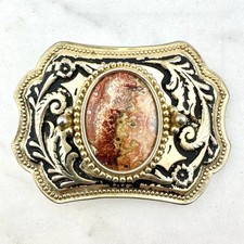 Western Belt Buckle With Multicolor Oval Stone In Gold Tone