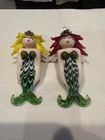 Pair Of Hand Blown Art Glass Mermaid Ornaments Made In Italy.