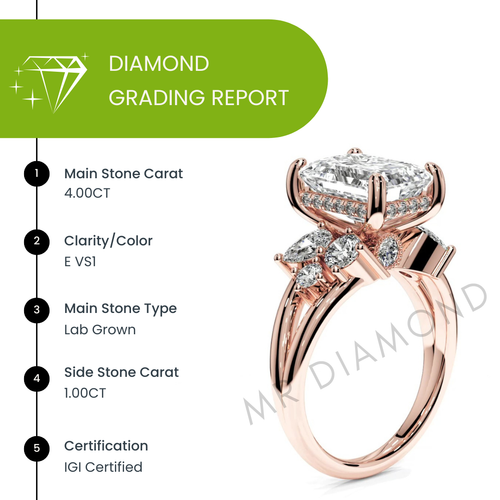 IGI 5.00 CT E VS1 Emerald Cut Lab Grown Diamond Engagement Ring 18K Rose Gold - Picture 2 of 10