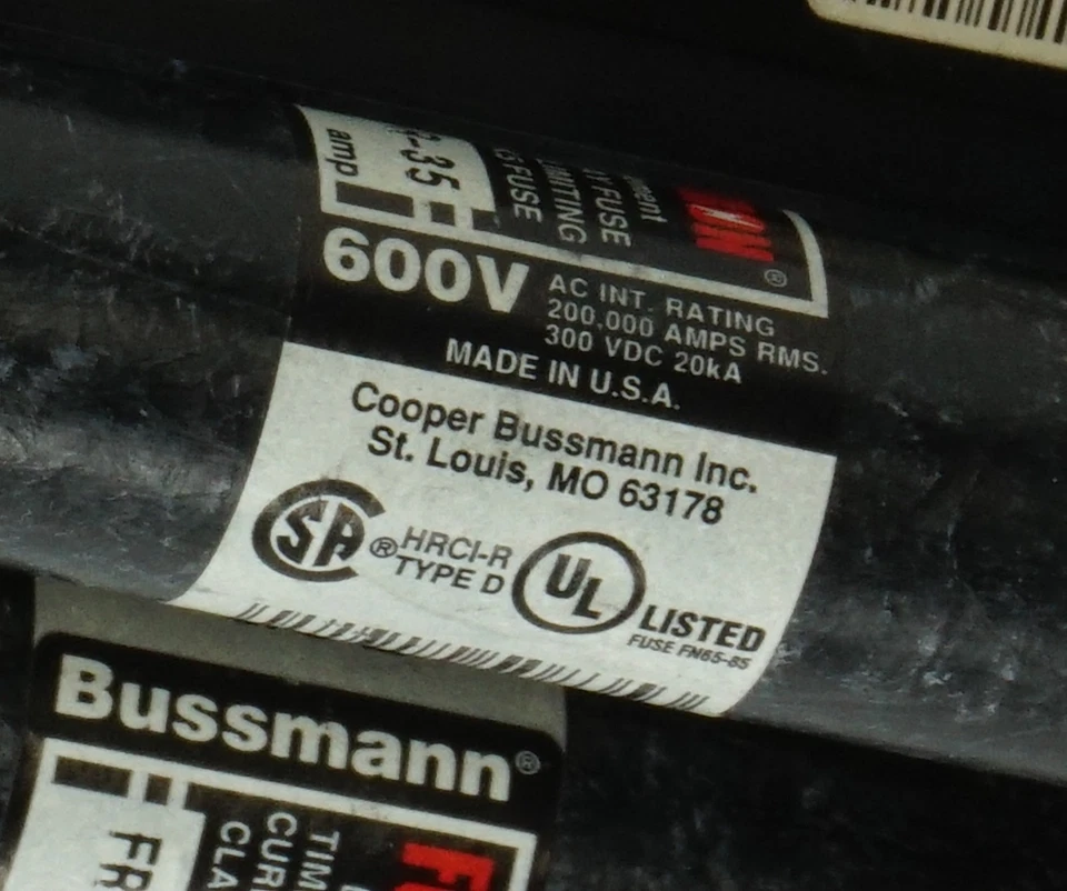 FuseHolder Buss H60030-3CR com 3 PCs Bussmann FRS-R-35 Fusetron 35A 600 VAC - Imagem 2 de 4