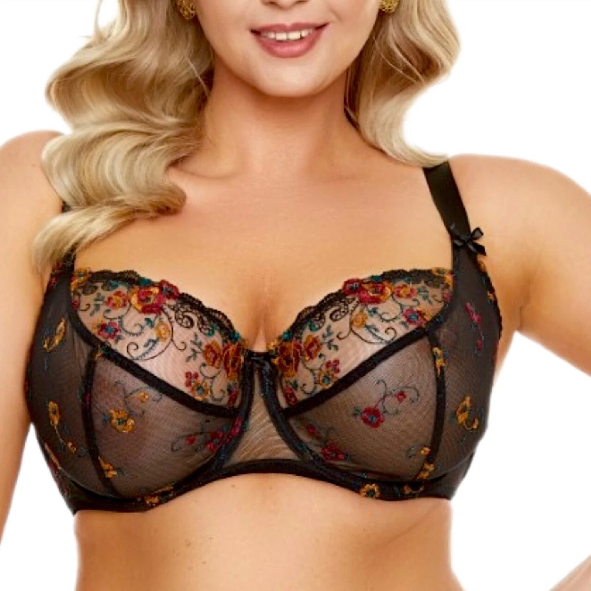 Black lace firm support bra cup D-S plus size big boobs BBW sexy full  figure