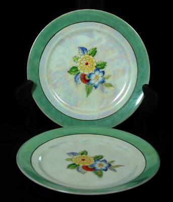 Set of 2 Vintage Noritake Lusterware Salad Dishes Green Rim And Flowers