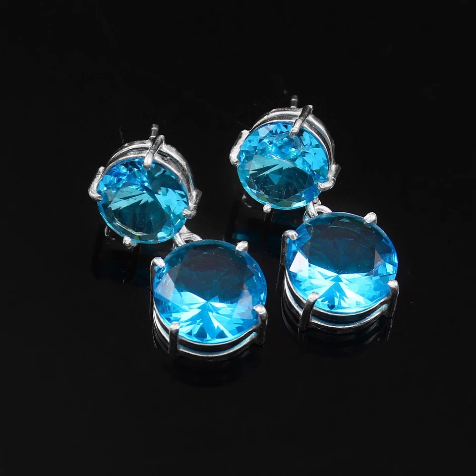 Blue Topaz Quartz Round Gemstone Silver Plated Stud Earrings Dainty Jewelry - Image 2 of 3