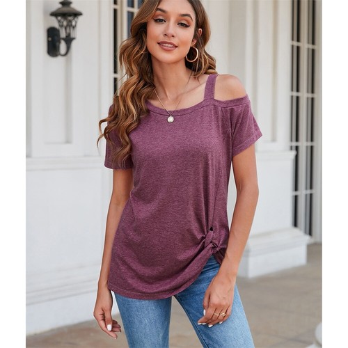 Ladies Casual Solid Color Short Sleeve Side Knot T-Shirt Crew Neck Tunic Top
