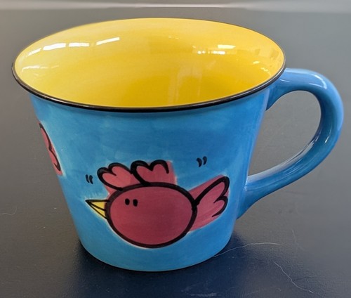 WHITTARD OF CHELSEA Handpainted "Bouncing Pig" Large, Ceramic Mug with Pink Bird