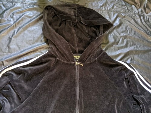 Juicy Couture Velour Hoodie Black Size Medium Full Zip Y2K White Stripes - Picture 13 of 20