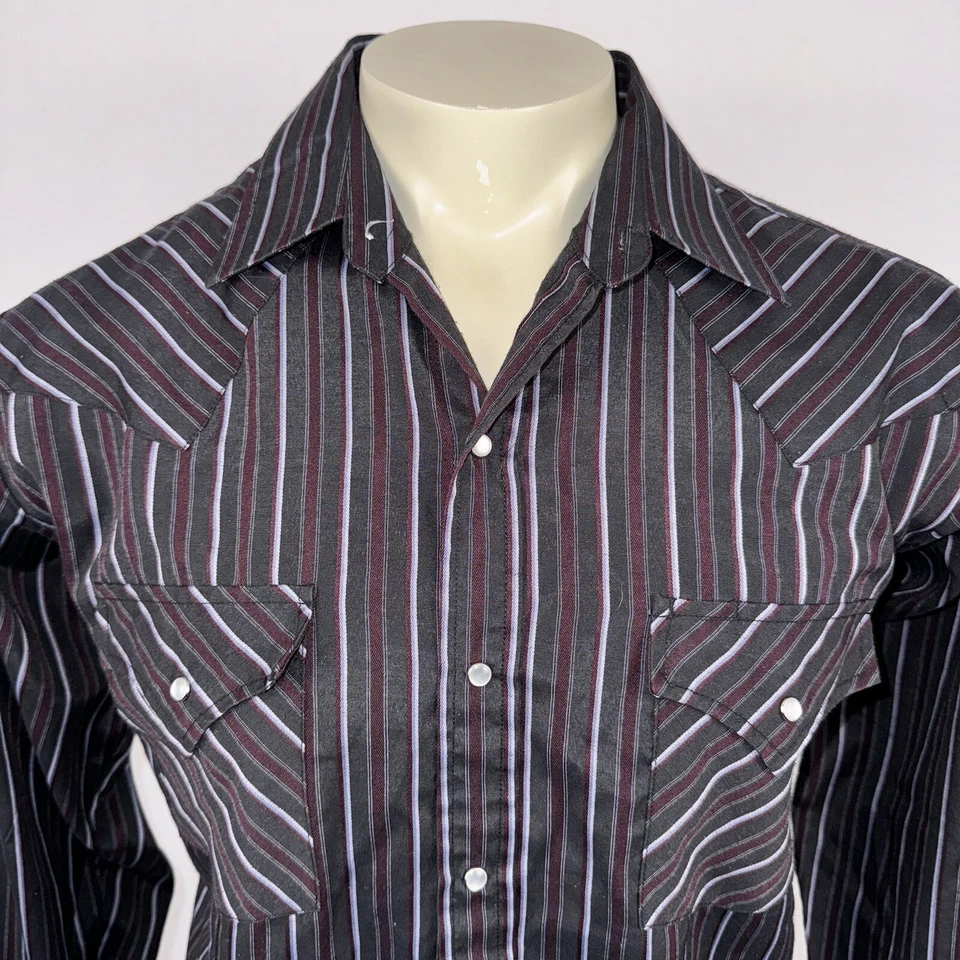 Vtg Pearl Snap Shirt Mens Ely Plains Western Cowboy Rodeo Black Striped Large - Image 3 of 4