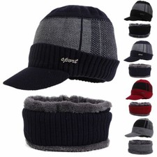 Winter Mens Warm Hat Knit Visor Beanie Fleece Lined Billed Beanie with Brim Cap