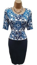 UK 8 NEXT NAVY BLUE WHITE GEO PRINT MOCK LAYERED JERSEY OFFICE WORK TEA DRESS