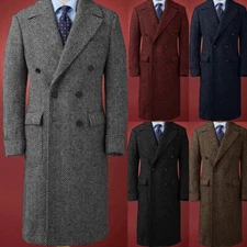Vintage Men's Long Overcoat Herringbone Double Breasted Peak Lapel Outdoor Coat