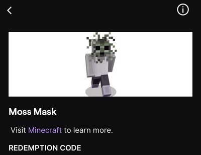 Minecraft moss mask skin ONLINE CODE redemption .  Sent By email/Direct Message 