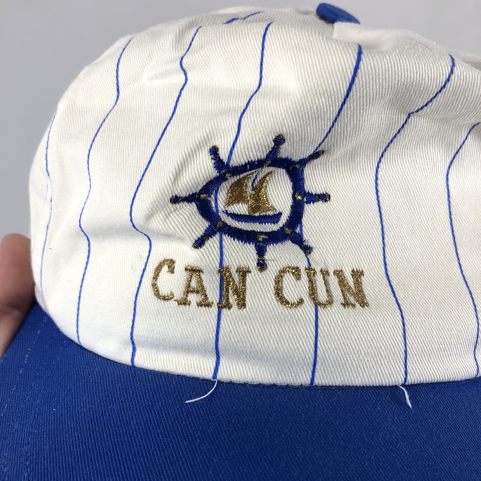 Vintage Cancun Mexico Pinstripes Souvenir Hat Cap Whi… Gem
