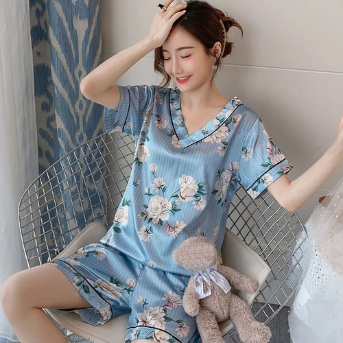 Damen Seide Satin Pyjama Set Kurzarm Nachtwäsche V-Ausschnitt Homewear 2-teilig Pyjama - Bild 38 von 60