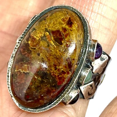 Natürlicher russischer seltener roter Pietersit Ring Gr. 6,5 gehämmert 14 g Sterlingsilber 925