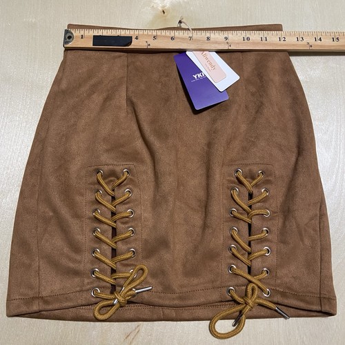 Aliwendy Women's Small High Waist Lace Up Bodycon Faux Suede Mini Skirt in Brown - Picture 6 of 12