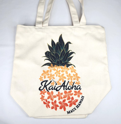Kai Aloha Maui Canvas Reusable Tote Bag Pineapple Plumeria Med 6'' Sq x 12'' Tall