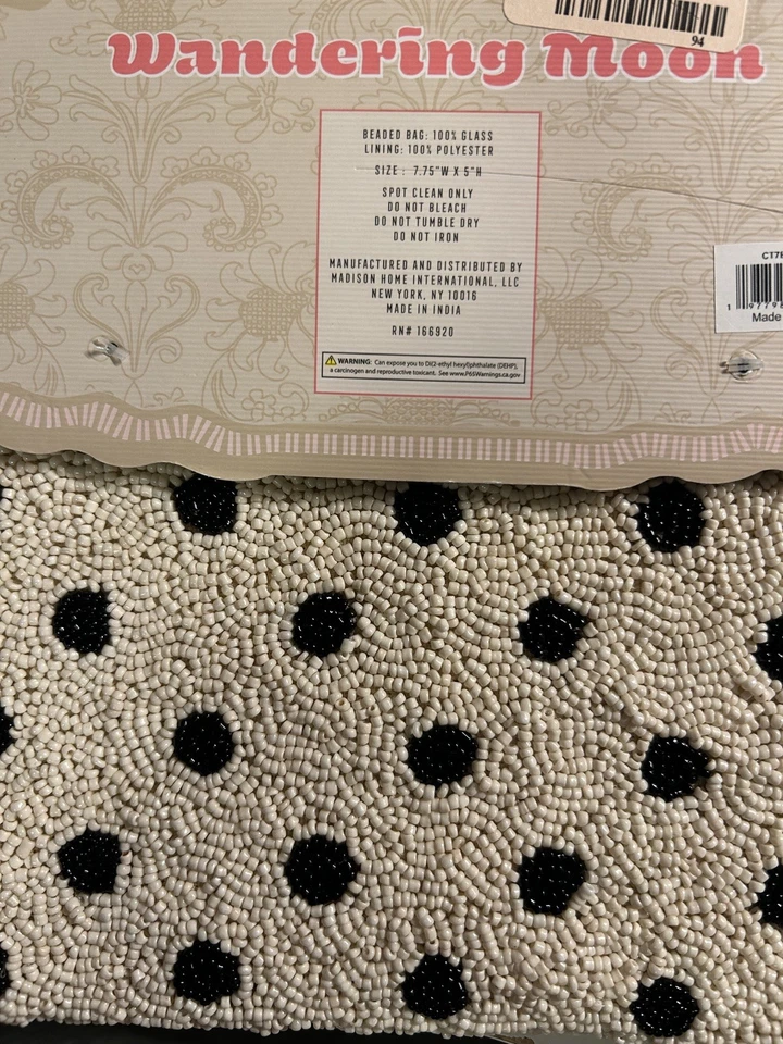 Bolsa de viaje Wandering Moon negra a lunares blanca crema vidrio con cuentas cremallera Foto 3 de 4