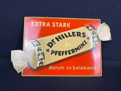 Dr. Hillers Pfefferminz Blechschild an Kette 15 x 26 cm um 1950 - Türschild Z1++