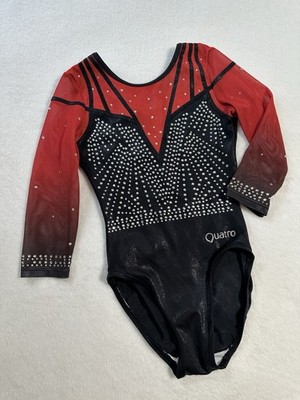Quatro GYMNASTICS Leotard COMPETITION Mesh RHINESTONE Bling BLACK Red GK Sz: CME